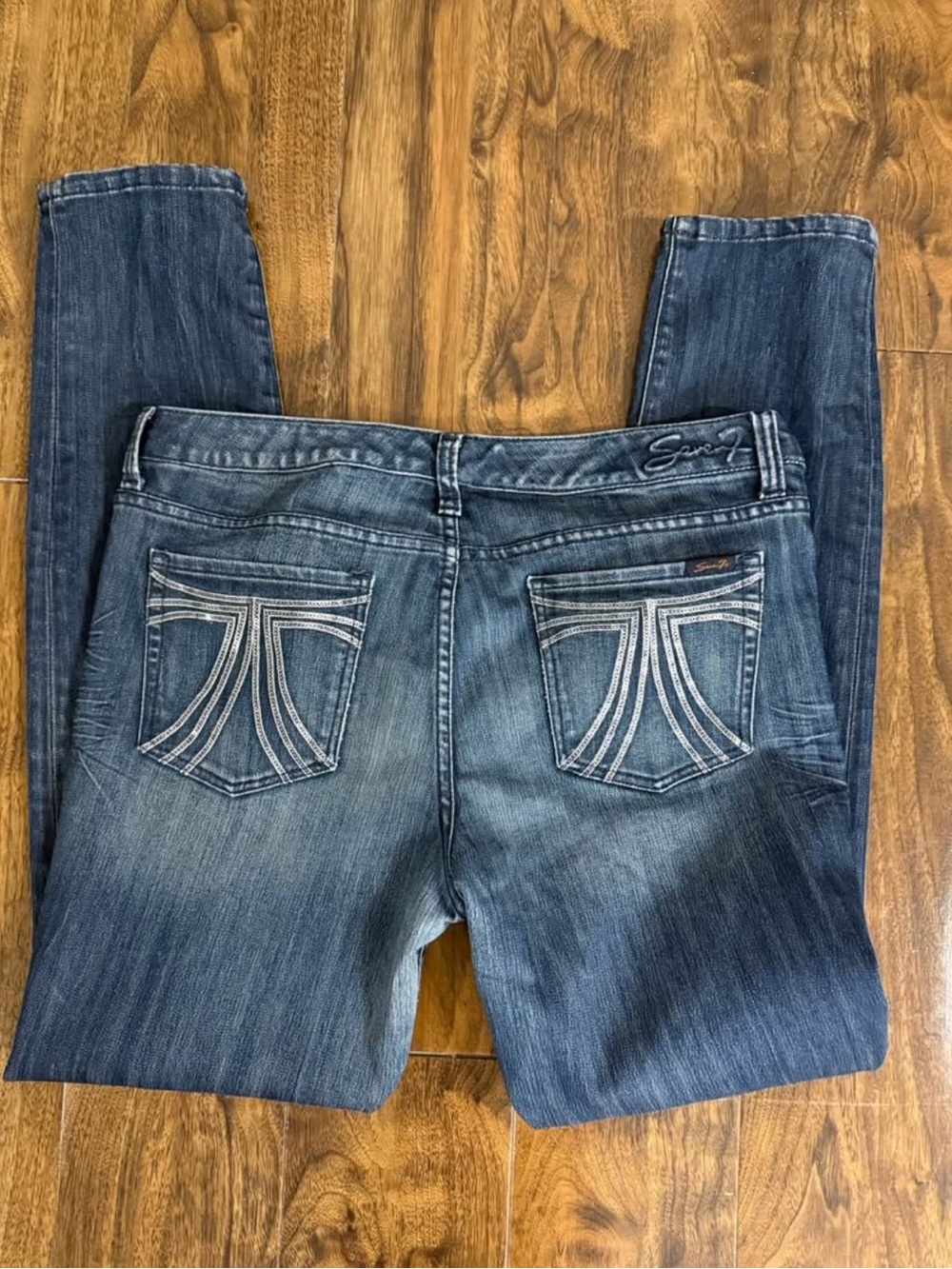 Seven7 Medium Blue Women's Skinny Jeans with Sequin Pocket Stitching